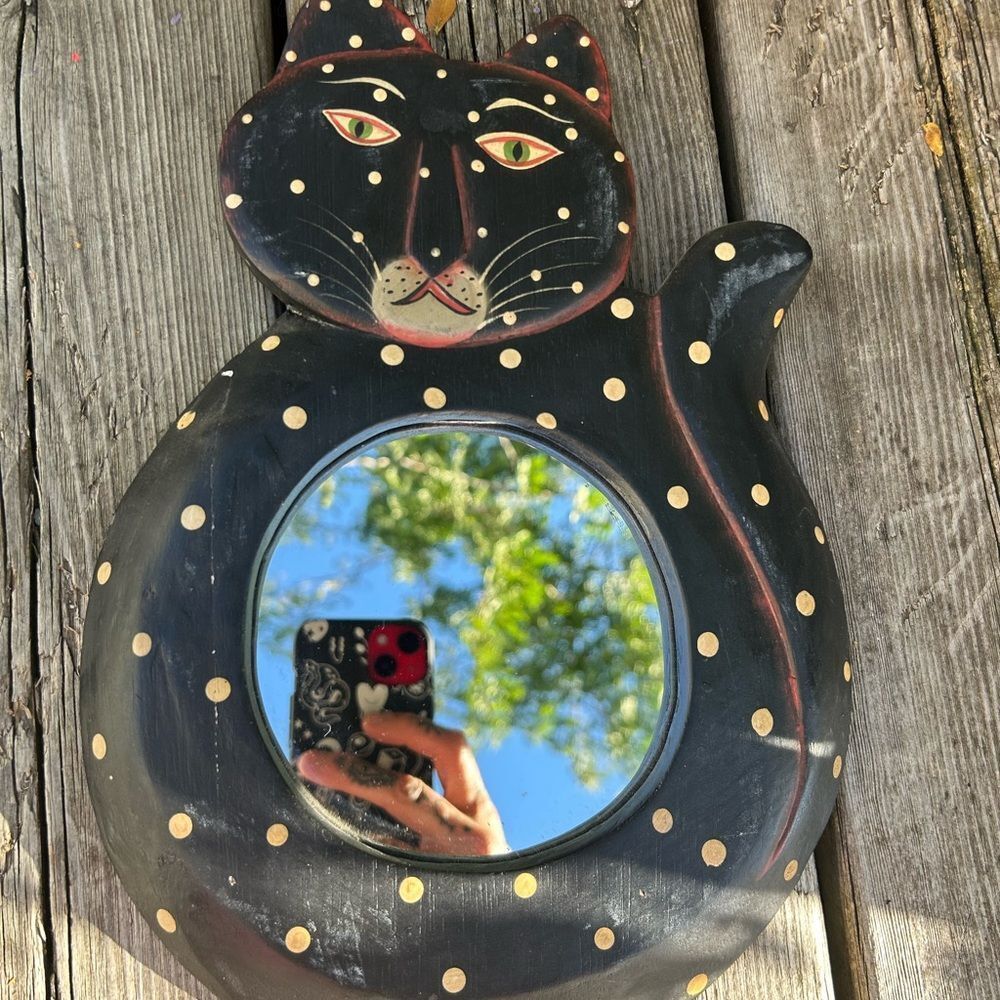 Vtg 90s Whimsical 12.5” X 8” Black Polk a Dot Cat Boho Mirror Indonesia - Picture 2 of 15